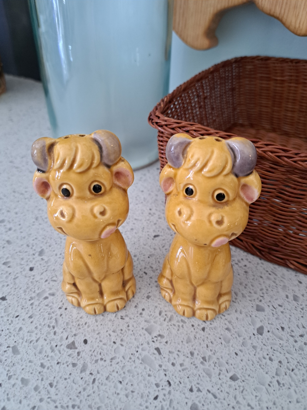 Yellow Ceramic Cow Figurine Salt and Pepper Shakers - Pair